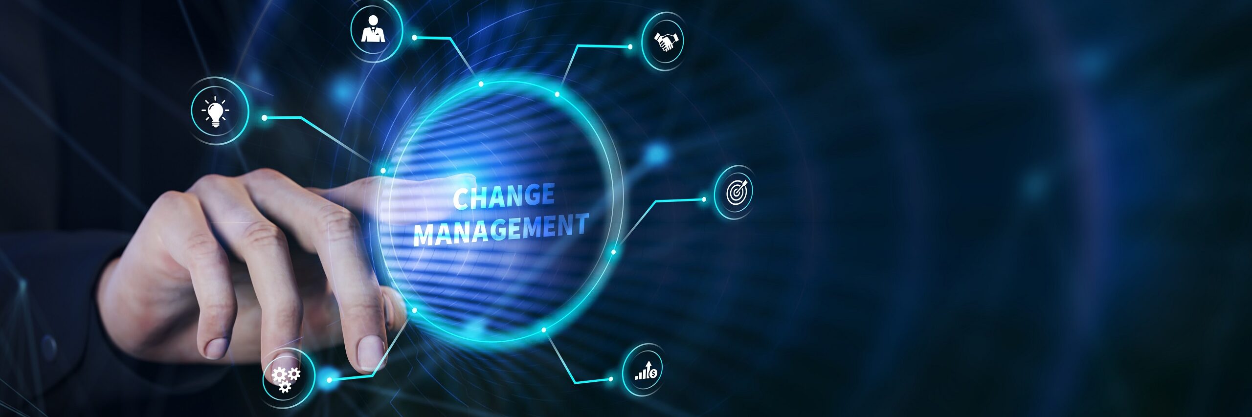 Change Management Training - A hand selecting Change Management on a touchscreen