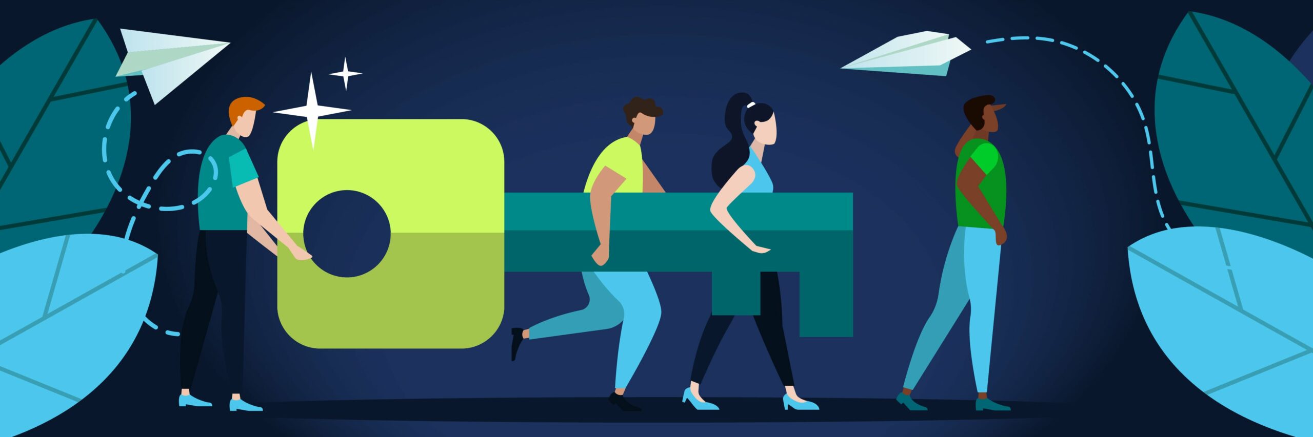 Teamwork in a creative idea illustration. Four people carry a large key.