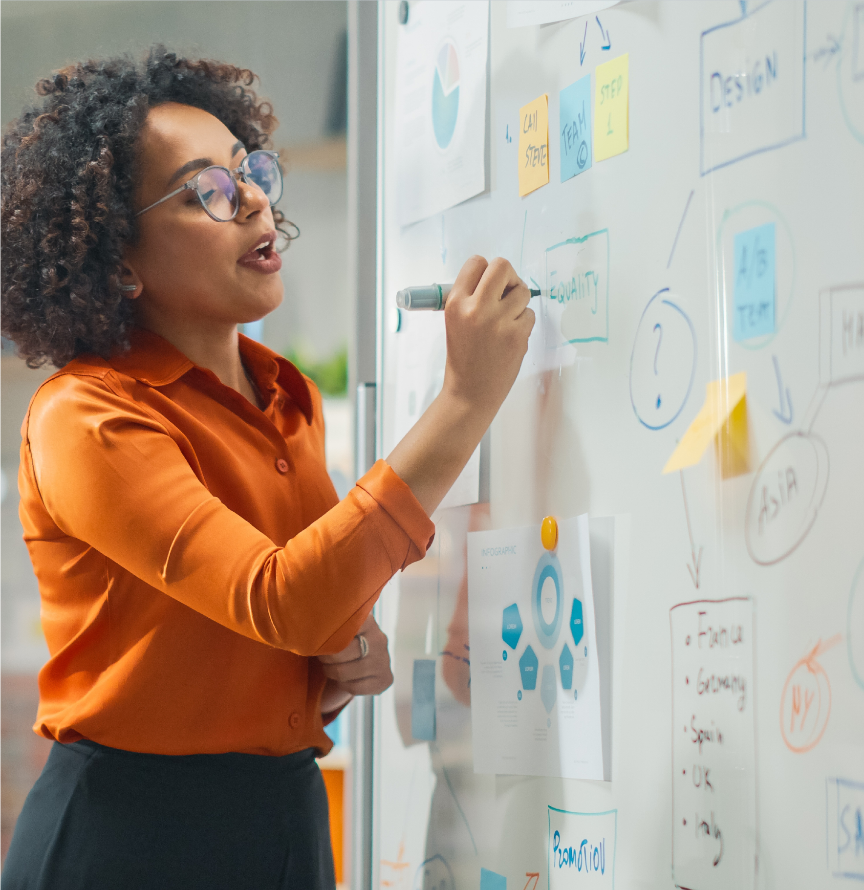 Woman brainstorming on whiteboard with diagrams.